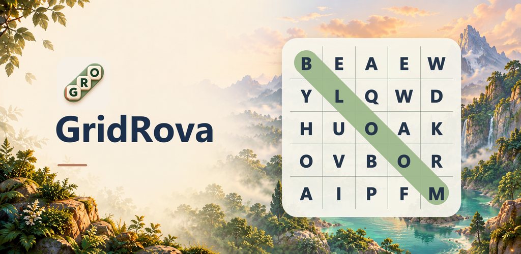 GridRova beside a sage-highlighted BLOOM word grid, with a sunlit mountain valley and river behind it.