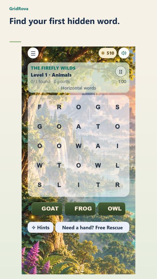 A welcoming five-by-five word-search board in The Firefly Wilds, with GOAT, FROG and OWL to find.