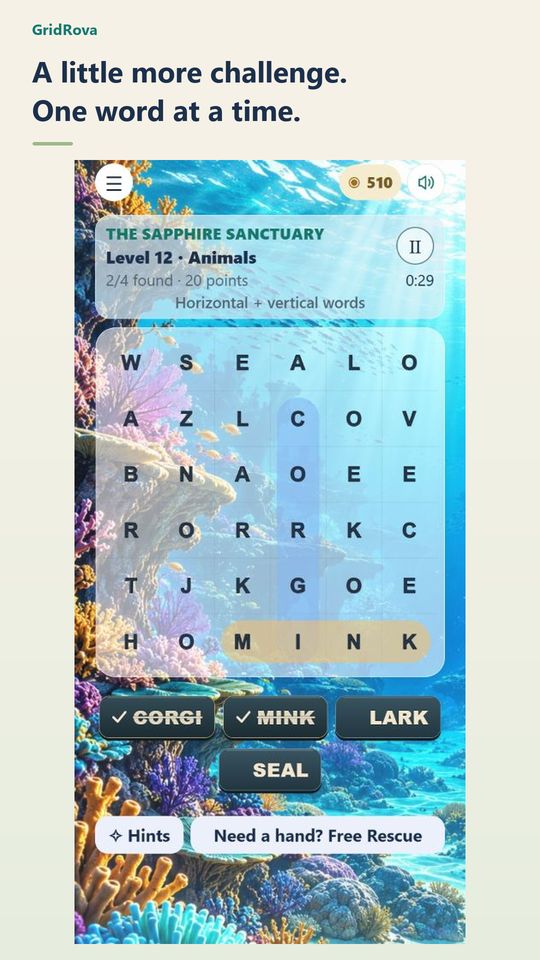 An underwater word-search board with CORGI highlighted vertically and MINK horizontally; LARK and SEAL remain.