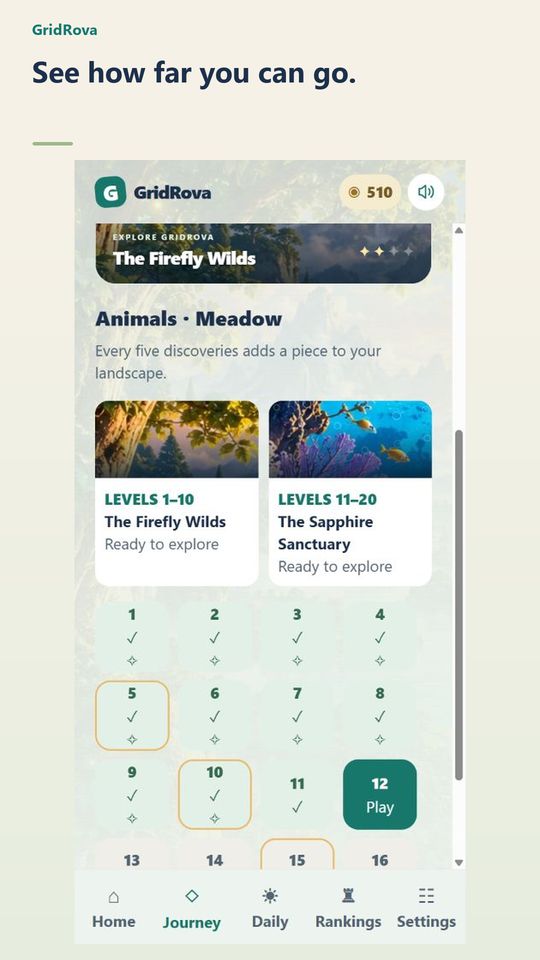 The journey shows forest and underwater scenic stops, completed levels and the next available puzzle.