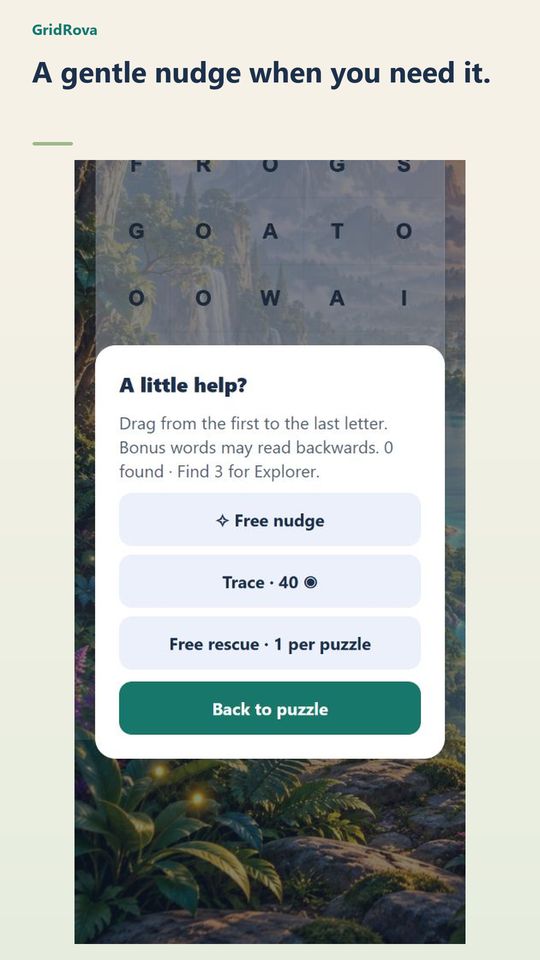 The help panel offers a free nudge, a coin-priced trace and one free rescue per puzzle.