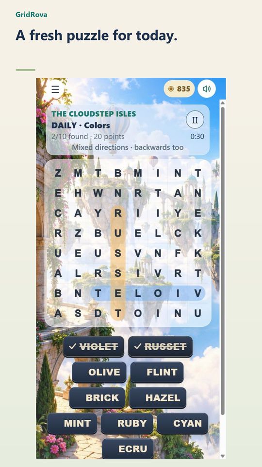 The daily Colors puzzle has VIOLET highlighted backwards across a row and RUSSET vertically in a scenic sky setting.