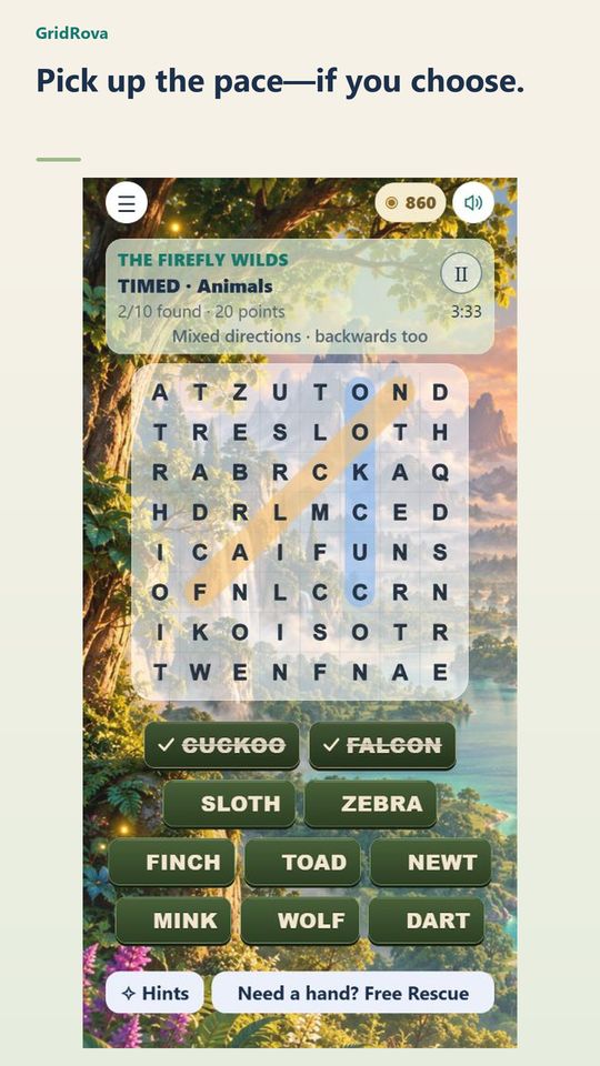 An optional timed Animals puzzle shows a countdown and solved-word highlights for CUCKOO and FALCON.