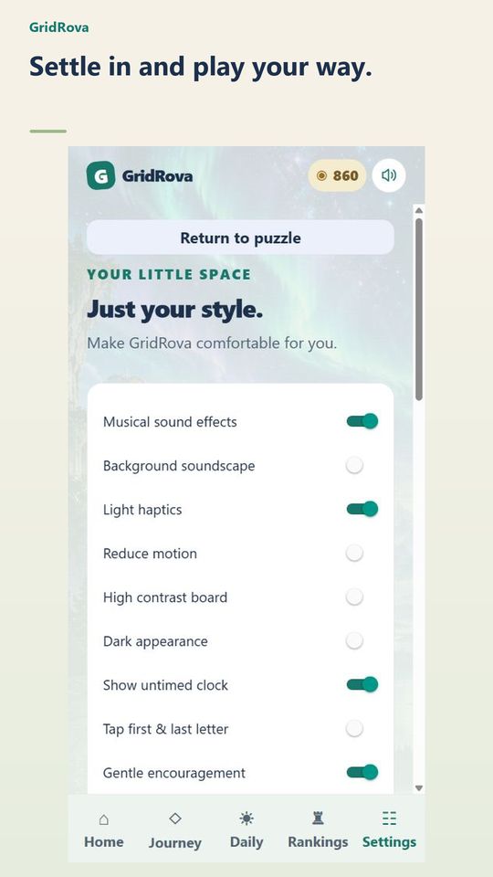 Settings offer separate sound options, reduced motion, high contrast and tap-first-and-last-letter selection.